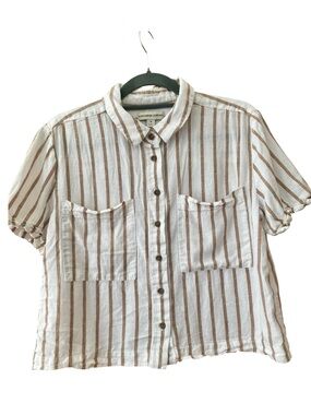 Alexander Jordan Cropped Linen Blend Striped Button Up Top Medium Coastal